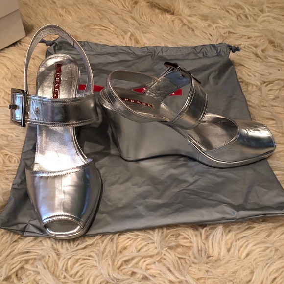 prada silver wedge sandals